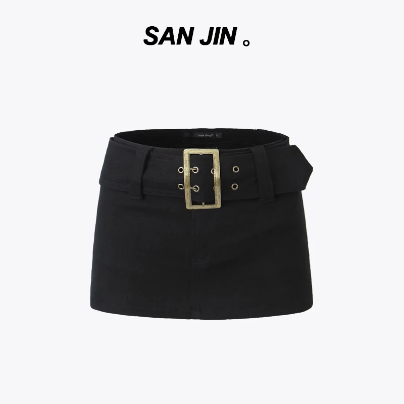 三金 黑色腰带半身裙女春季新款超短裙性感辣妹紧身高腰包臀裙子