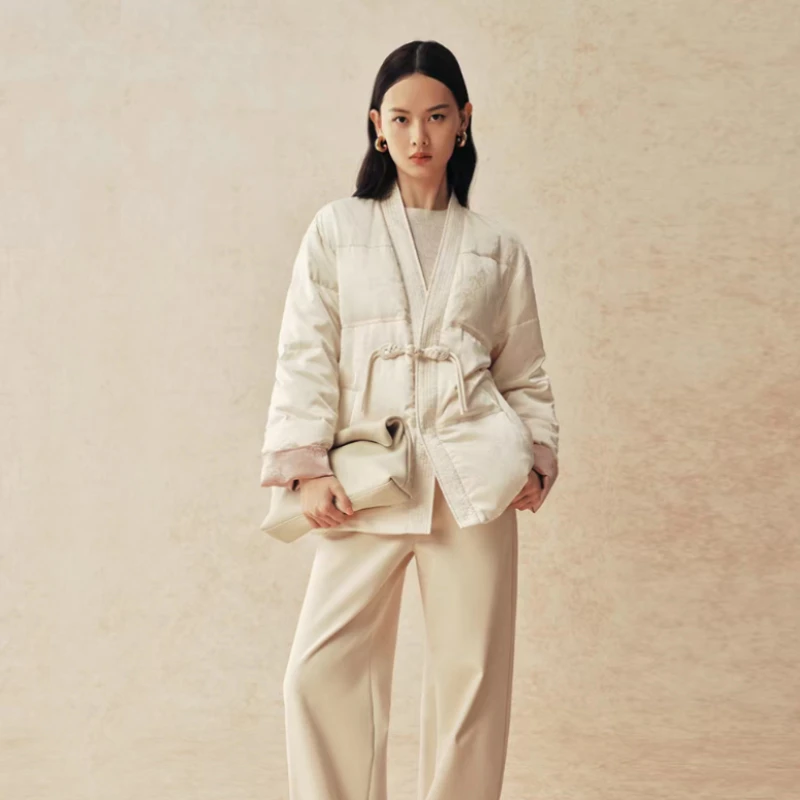 Z1056【鸟】2024年冬季新款新中式锦绣国风缎面提花羽绒长袖外套女