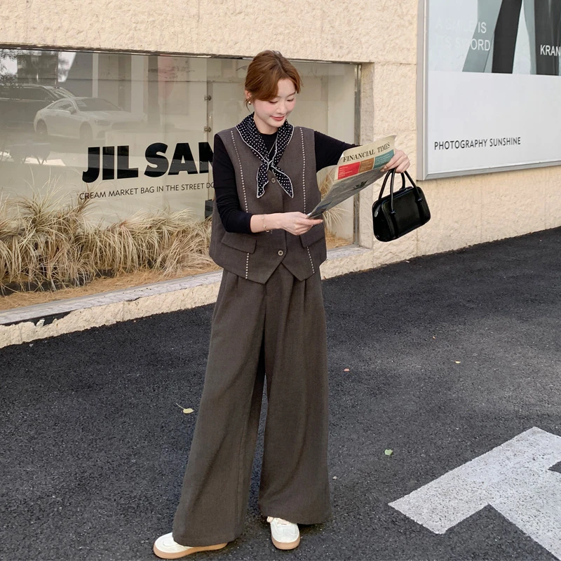 美拉德咖色简约马甲阔腿裤2025春秋新款韩系ins通勤风复古套装裤