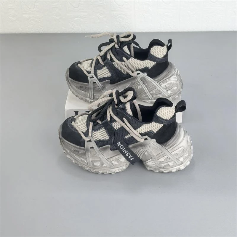 牛皮复古厚底小个子黑色老爹鞋女2025春季新款网面透气运动休闲鞋