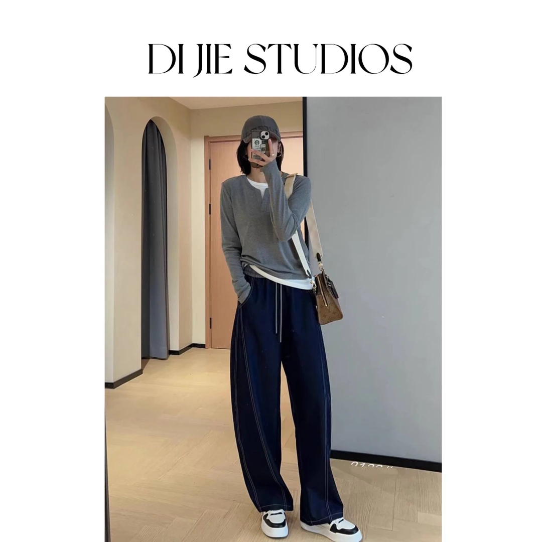 8133 春上新!纯色百搭松紧腰抽绳直筒休闲裤