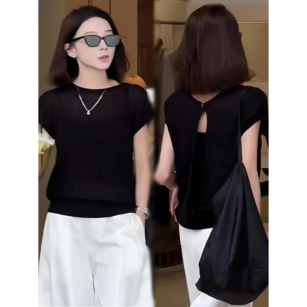 2025夏季新款女士韩版黑色镂空冰丝短袖针织衫宽松小个子露背上衣