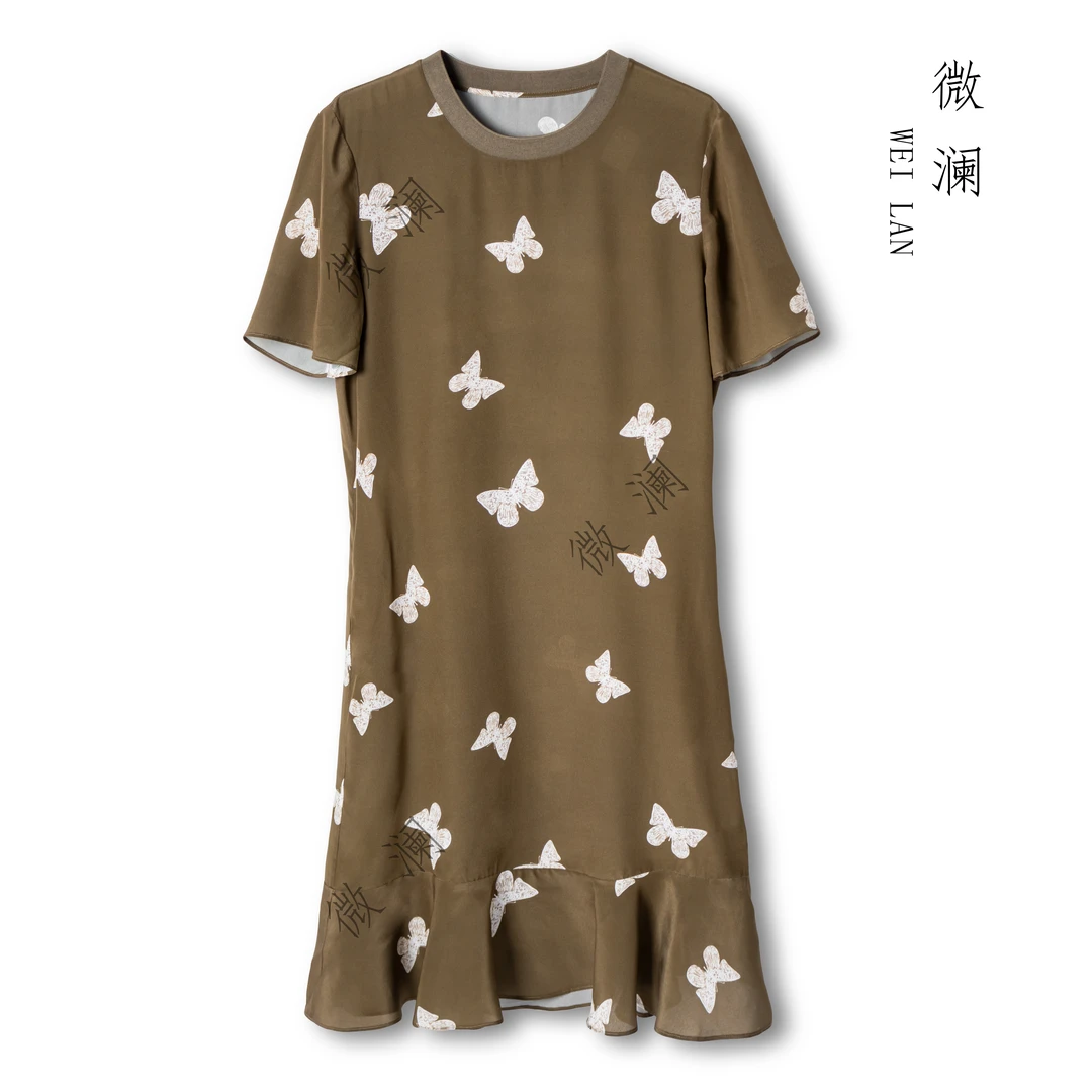 微澜【黄底蝴蝶】夏季04双绉100%桑蚕丝碎花休闲圆领连衣裙2025-061