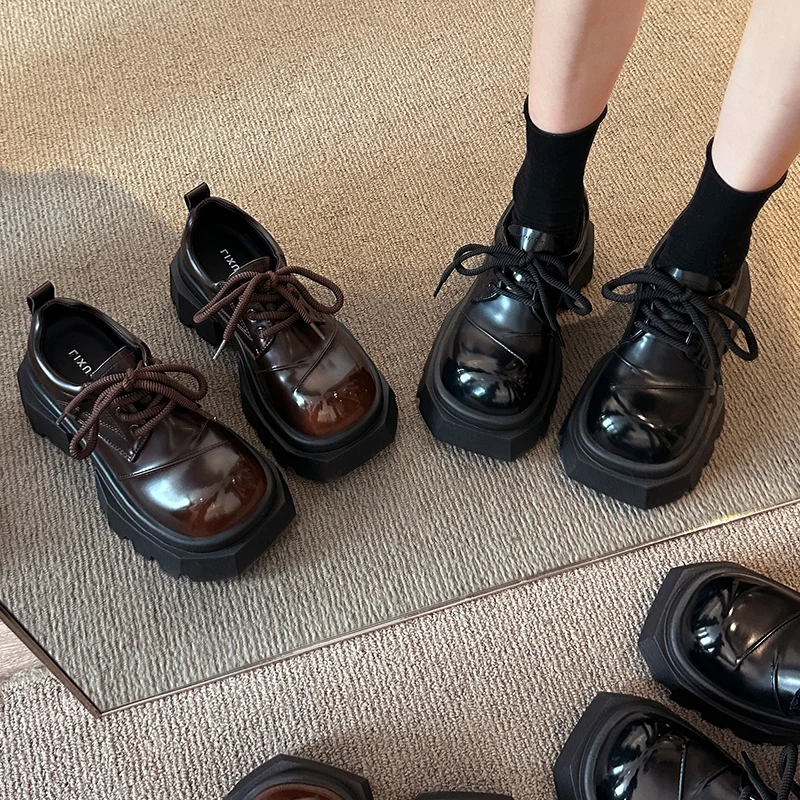 复古大头英伦风小皮鞋女2025新款春季百搭系带单鞋松糕厚底乐福鞋