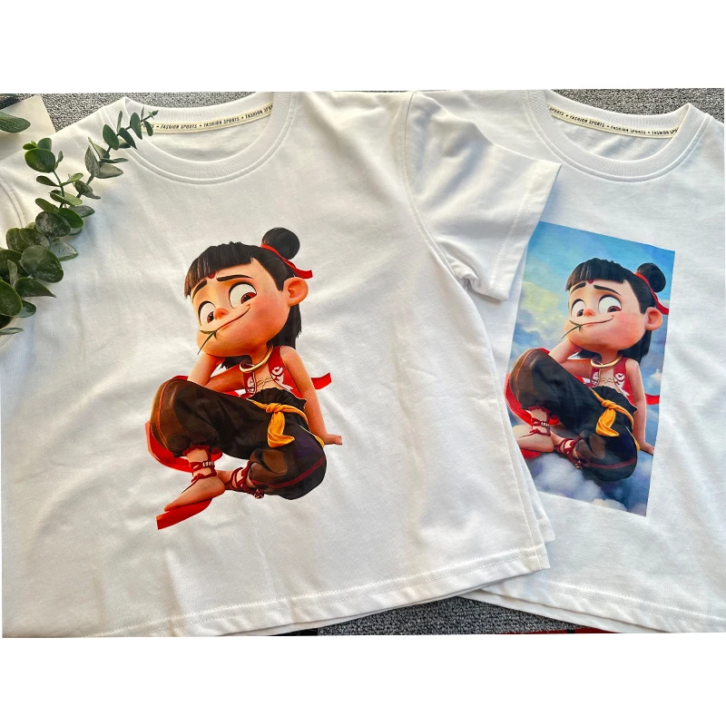 女童春装运动纯棉时尚休闲夏季黑色印花圆领儿童可爱哪吒卡通