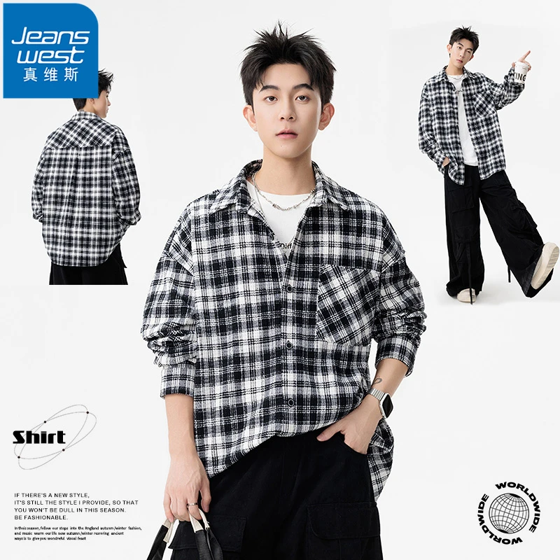 Jeanswest/真维斯大码日系衬衫男春秋季翻领宽松百搭格纹长袖衬衣