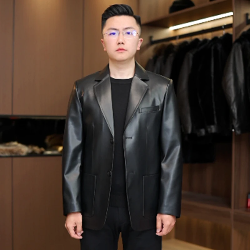 2025年新款进口绵羊皮真皮皮衣男西装春秋高档商务休闲皮西服外套