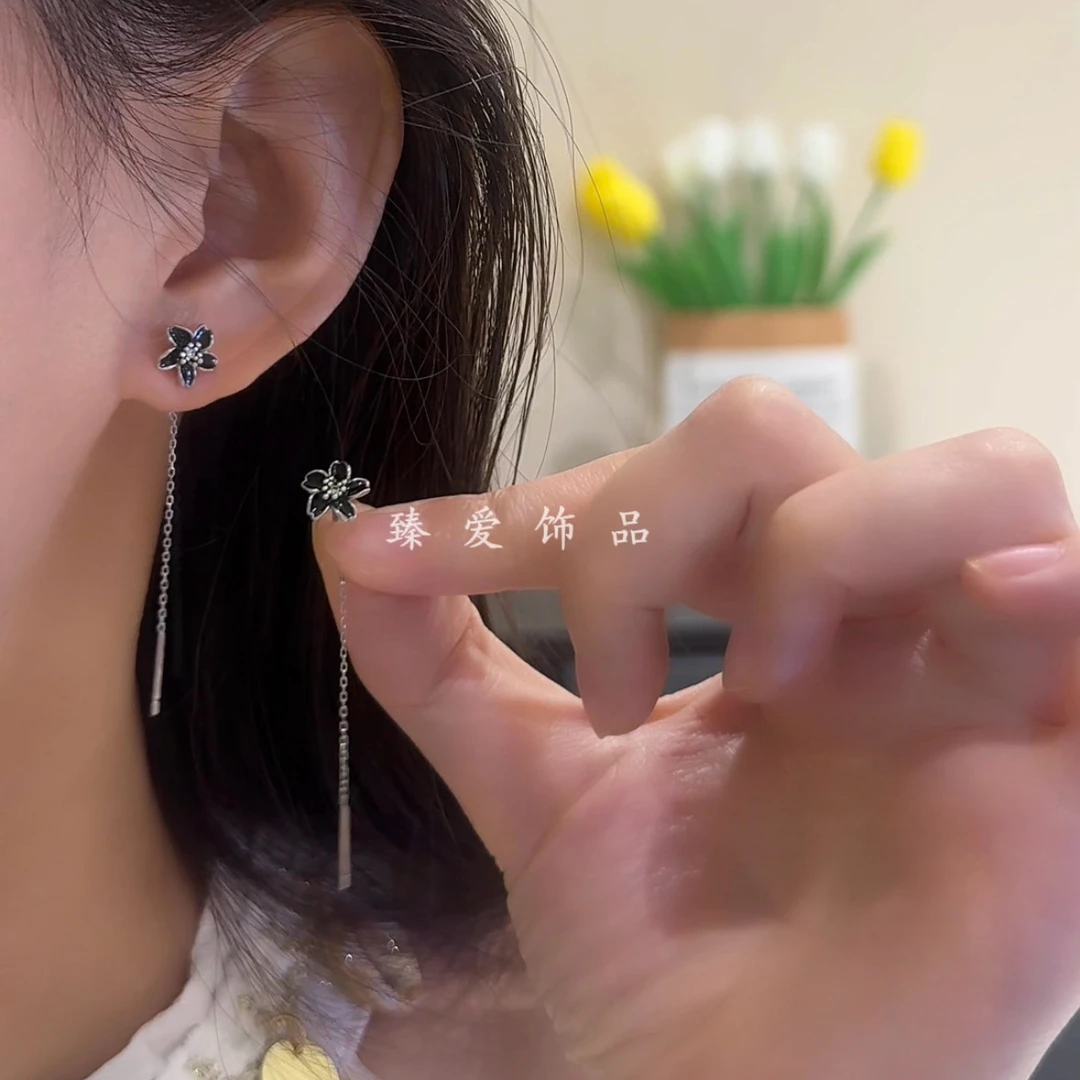 铜合金耳饰 复古高级感黑色花朵耳线气质百搭长款流苏耳环