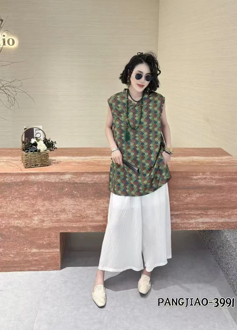 中国风无袖上衣复古新中式时尚套装+阔腿裤宽松百搭