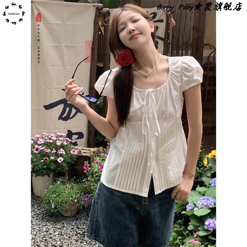 法式白色U领短袖衬衫女夏季新款小个子修身显瘦开衫衬衣薄款上衣