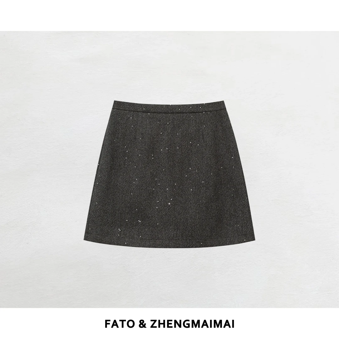 郑买买 碎冰星 秋冬款韩系ins百搭亮片灰色毛呢短裙 HH51021Q1