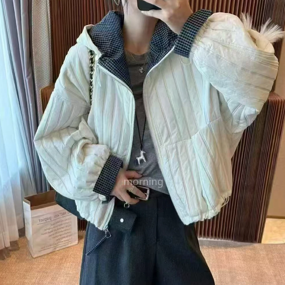 J009 女士连帽格子拼接绗线宽松休闲薄款棉服外套秋冬新款