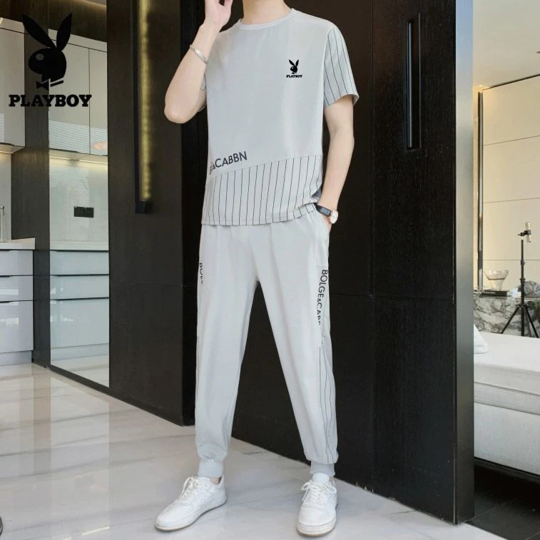 花花公子男士新款夏季潮流冰丝套装短袖T恤休闲高档运动服两件套