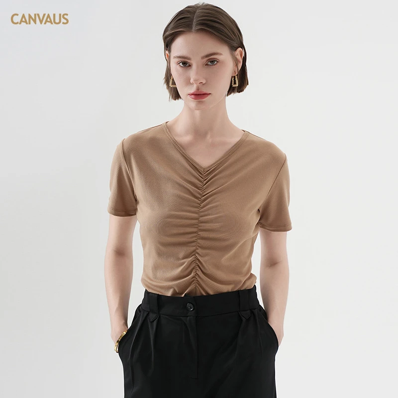 CANVAUS女装新款韩版短袖修身t恤女V领设计感抽褶显瘦套头上衣夏