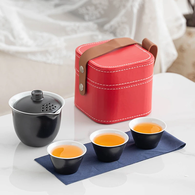 a0379黑色素雅壶+三杯+蓝茶巾/红色小方包