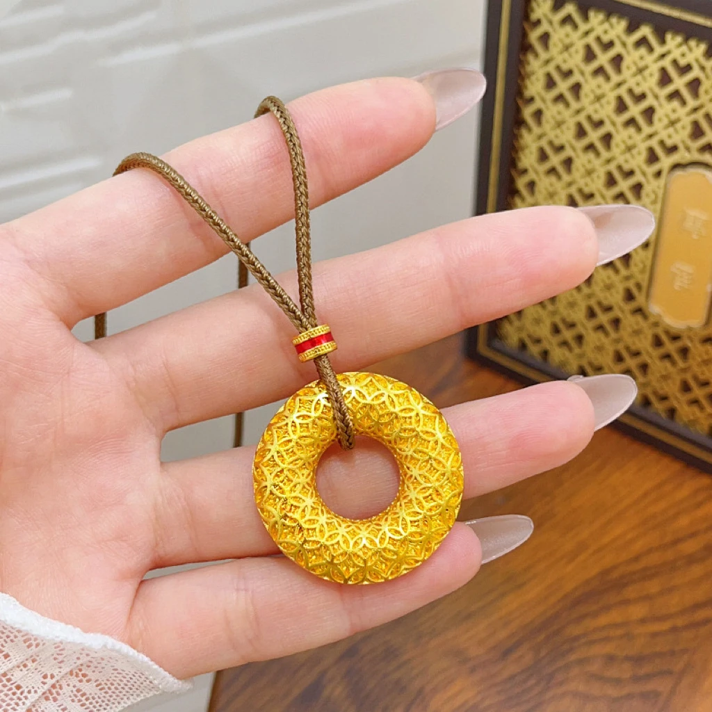 铜合金吊坠 镂空花丝古钱纹平安扣吊坠项链古法圆形挂坠送女友礼