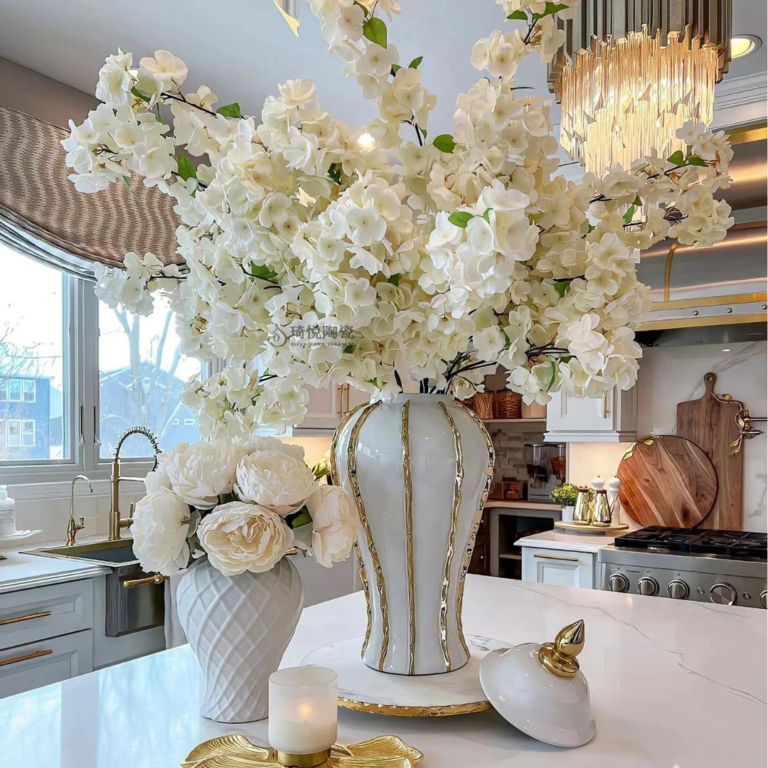 欧式电镀金色轻奢花瓶陶瓷摆件 高档家居玄关装饰品摆设品将军罐