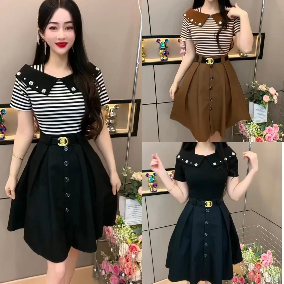 新疆包邮夏季新款拼接显瘦连衣裙时尚假两件中长款送腰带气质名媛