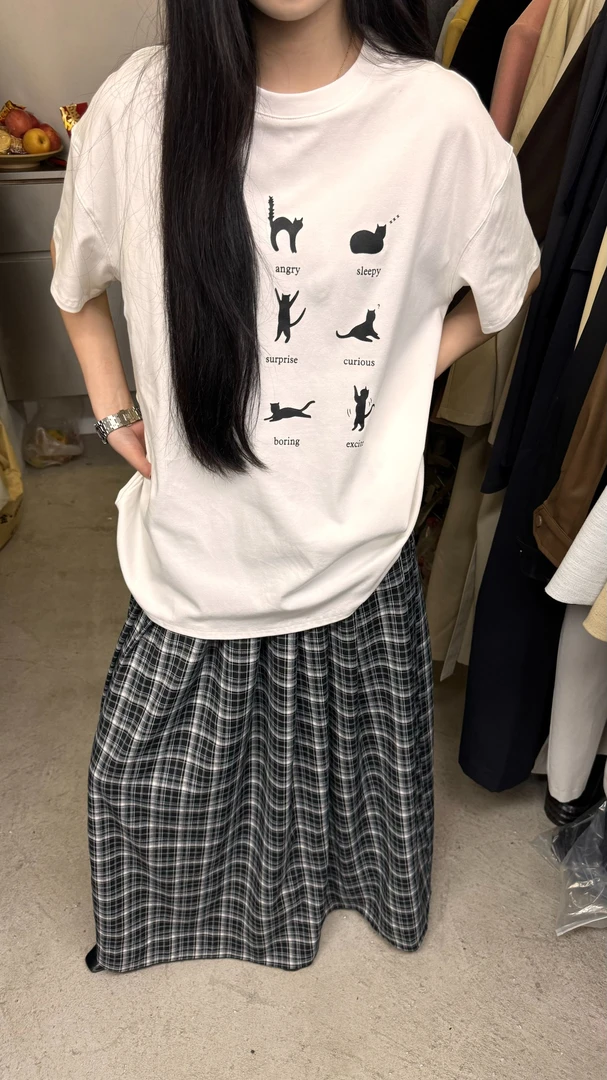about ins（88078#新）圆领简约小猫印花短袖（衣长69）