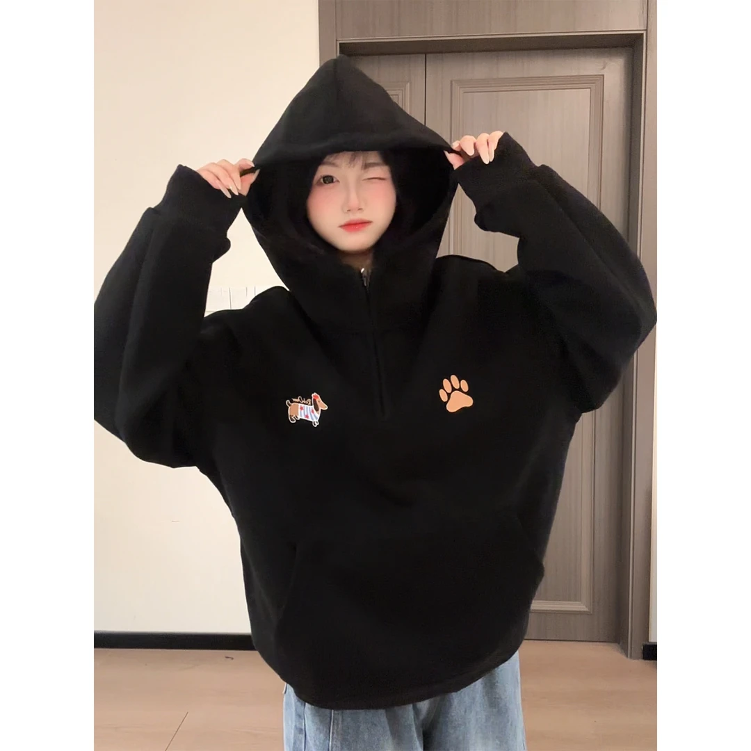 HandSeven重磅潮牌连帽半拉链腊肠狗印花秋男女同款休闲宽松外套