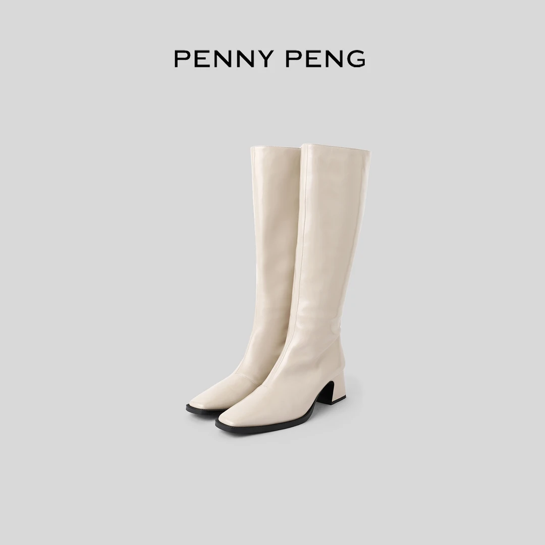 PENNYPENG 白色恋人 秋冬白色长筒小众设计时尚牛皮中跟长筒靴