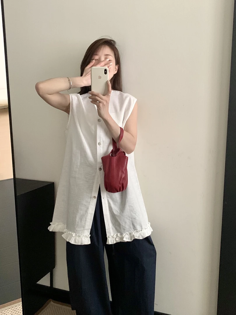 【扣子棉麻】花边后背贝壳扣棉麻中长上衣