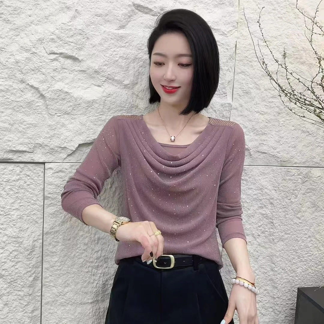 2025春季新款时尚百搭气质薄款修身显瘦长袖洋气网纱小衫