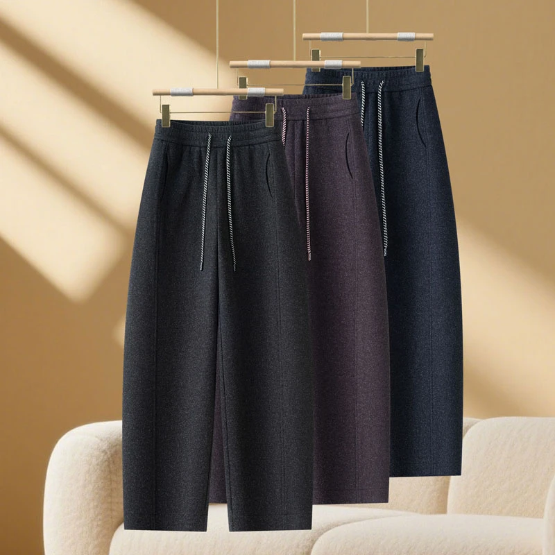 拉夏贝尔毛呢直筒裤女2025秋冬新款抽绳松紧腰弯刀裤阔腿裤休闲裤