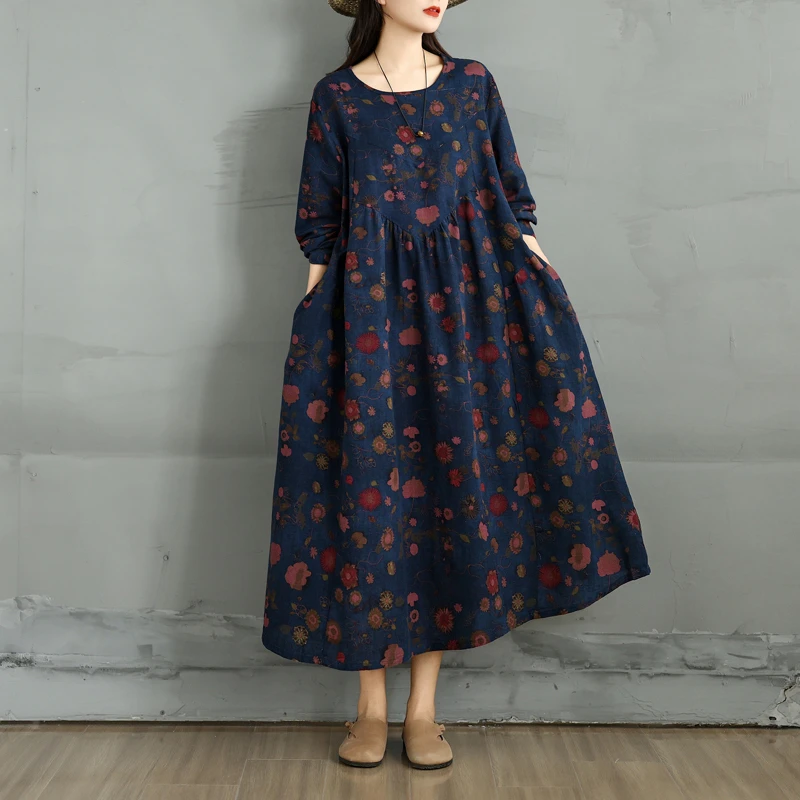 复古棉麻印花圆领长袖连衣裙女早秋季宽松大码胖mm显瘦拼接A字裙