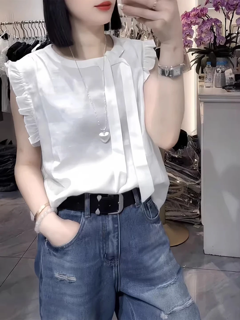 法式气质小飞袖圆领衬衫女2025夏季新款休闲宽松上衣独特别致女装