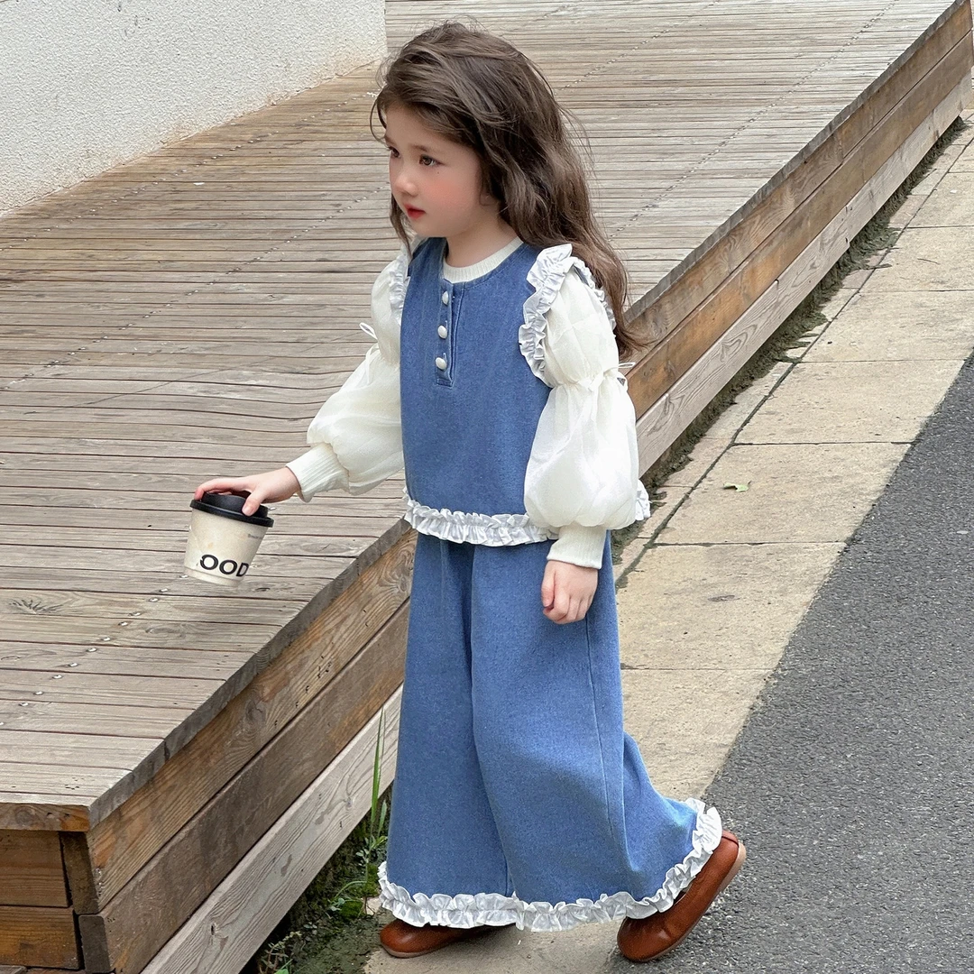 女童牛仔春秋套装2025新款儿童洋气时髦宝宝花边马甲阔腿裤三件套