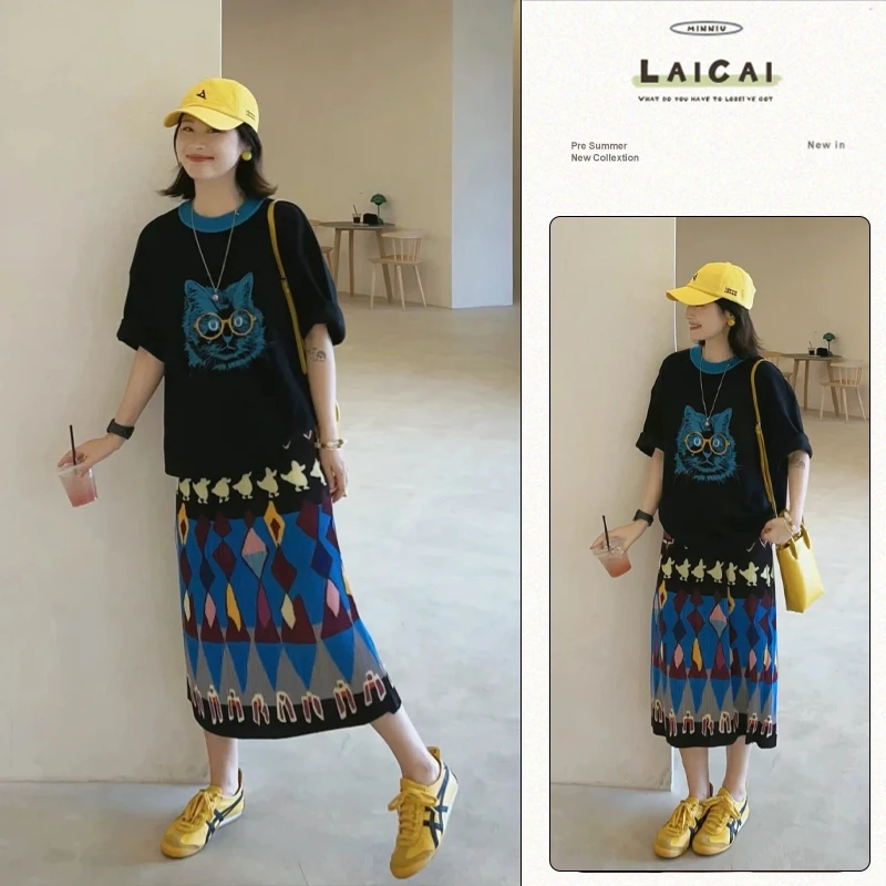 韩系夏季套装女复古猫咪印花T恤宽松百搭设计感小众半身裙两件套