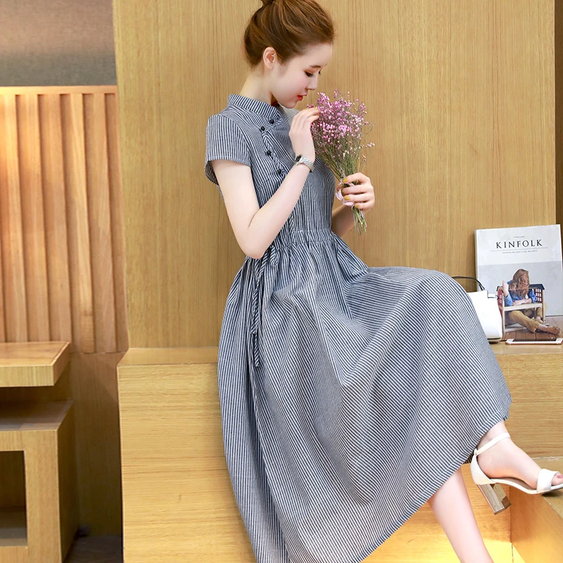 出口法现货短袖中长款2025年夏季件中腰甜美连衣裙纯色气质收腰