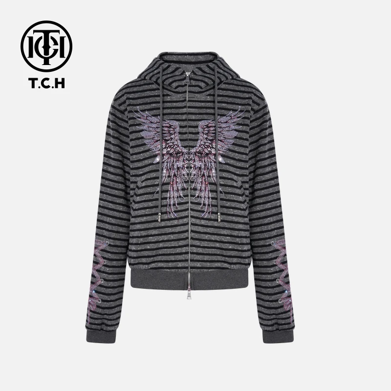 TCH私服秋冬烫钻时尚休闲百搭翅膀拉链衫女T75C17E5008轻奢tch