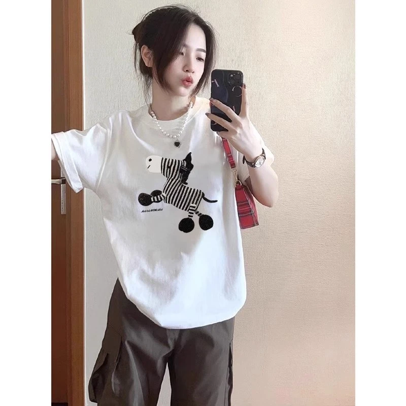 大码女装美式短袖t恤女宽松夏季纯棉胖mm2-300斤半袖白色圆领上衣