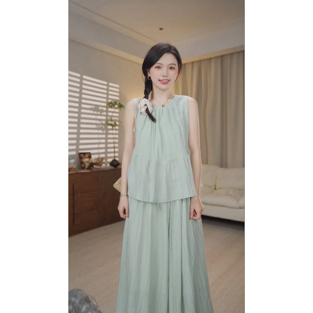 圆圆【凛凛夏日】捏褶后系扣无袖上衣+松紧腰半身裙（有内衬）YY 8496