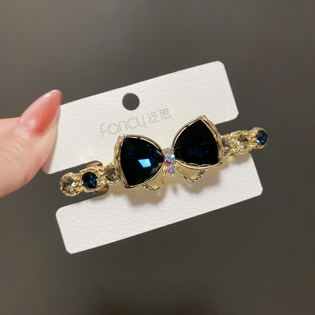 泛思墨蓝色7公分蝴蝶结7公分弹时尚复古钻发夹0998一字夹