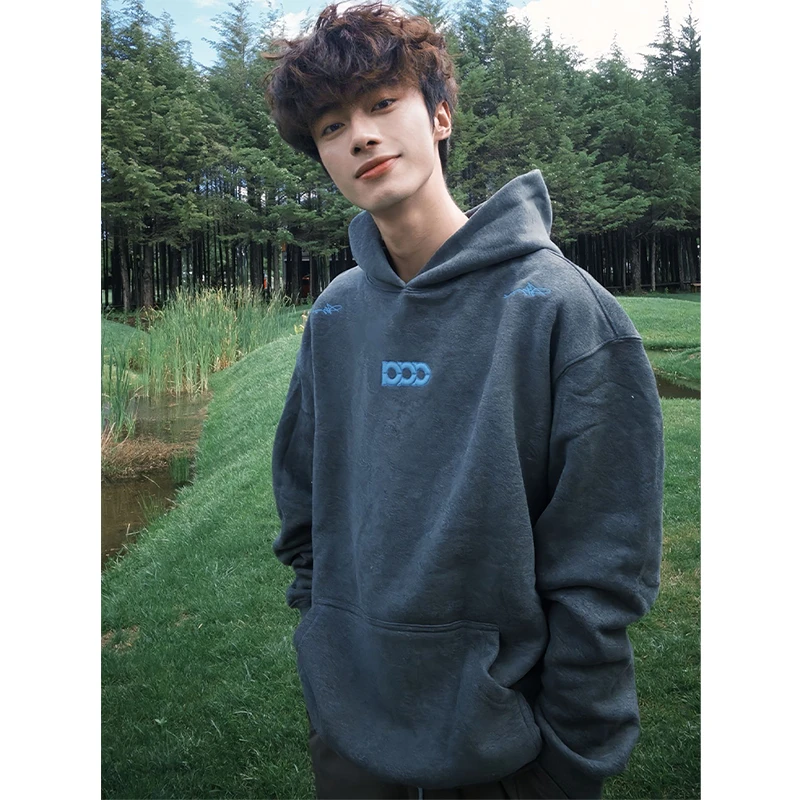 深灰色美式刺绣连帽卫衣男款秋季潮牌痞帅重磅帽衫设计感情侣外套