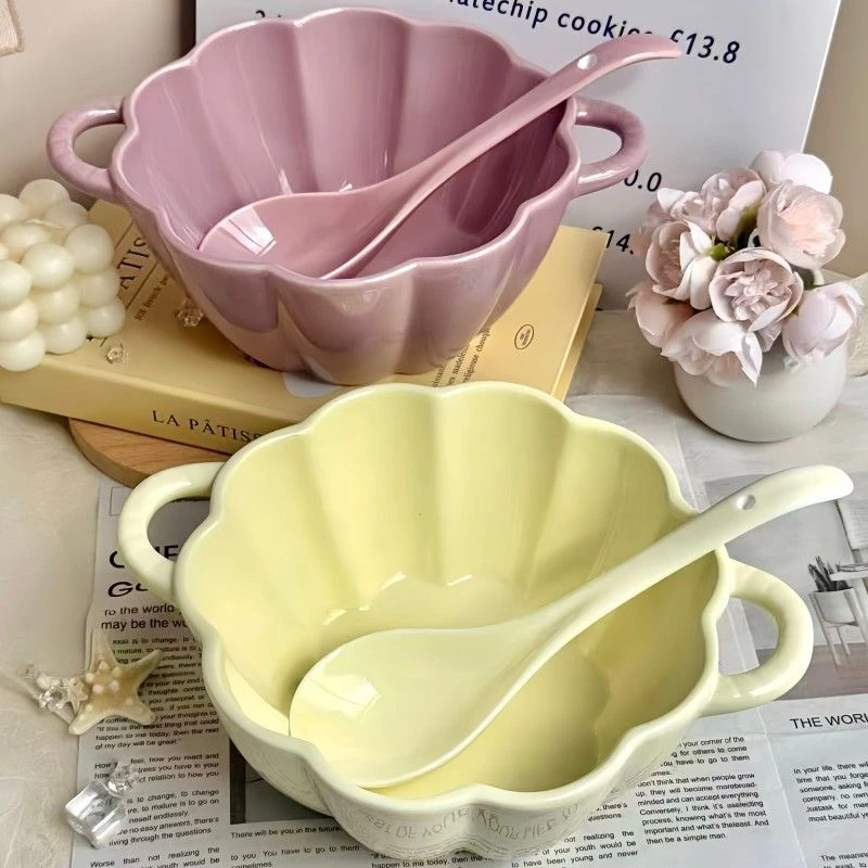 马卡龙色系糖果色系简约陶瓷南瓜汤碗双耳防烫釉下彩家用大容量碗