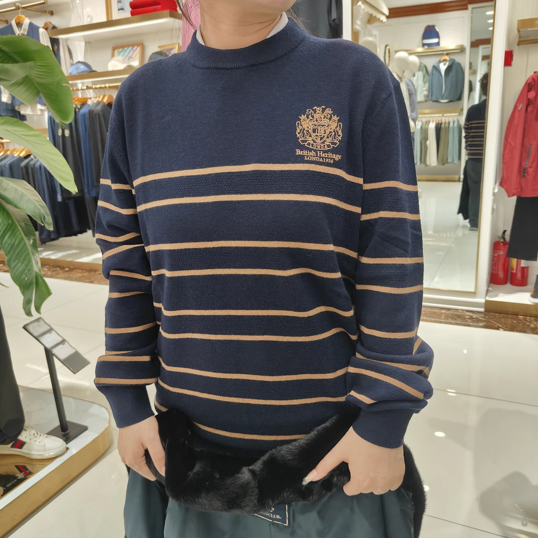 圆领刺绣常规针织条纹针织衫毛衣长袖秋冬时尚保暖