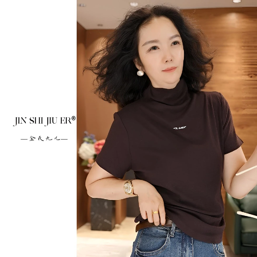 JIUER半高领双面穿高级感中袖 时尚休闲百搭半袖9907