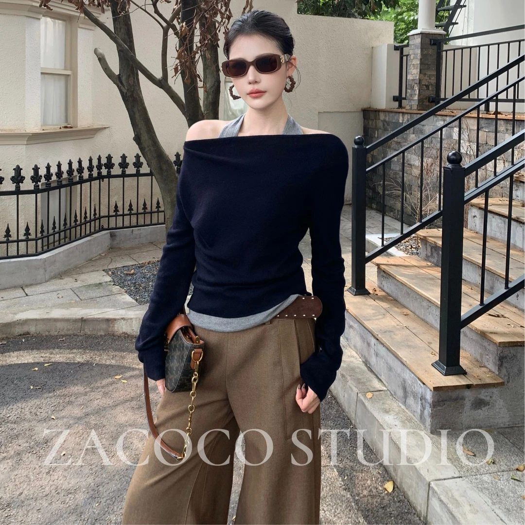 【ZACOCO】秋季慵懒清冷洋气酷飒风知性拼接假两件收腰针织上衣3423