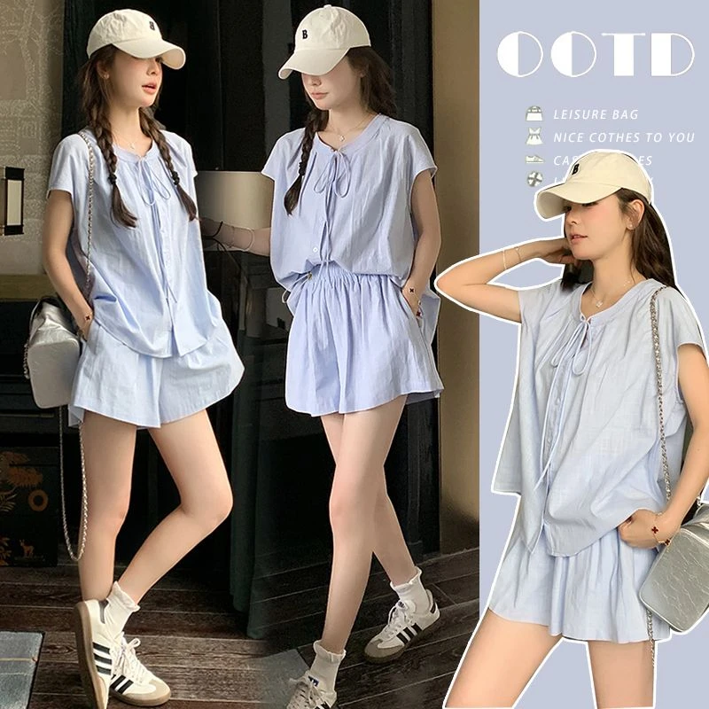 孕妇装套装夏季大码女冰凉透气可哺乳上衣可调节孕妇短裤夏两件套