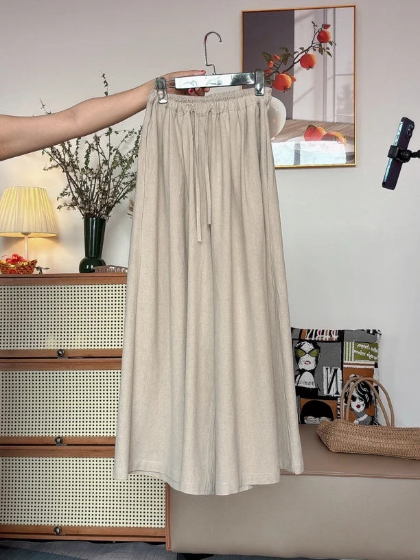 亚麻阔腿裤老钱风亚麻阔腿裤显瘦松紧腰
