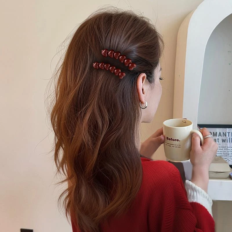 新年红色爱心发夹女弧形一字夹刘海前额侧边碎发夹高级感夹子头饰