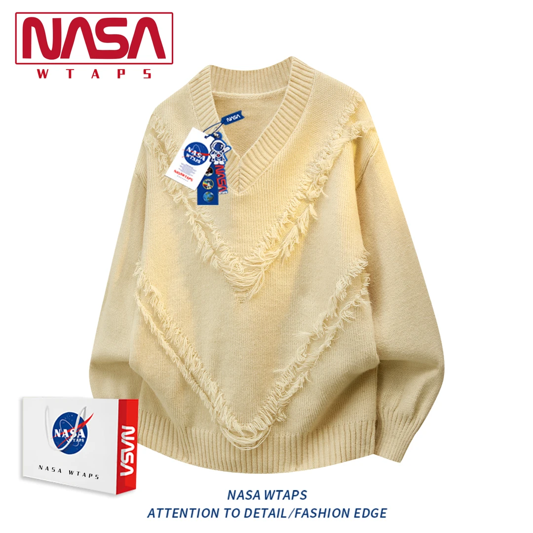 NASA WTAPS黑色V领毛衣男秋冬季休闲针织衫高级感设计感小众上衣