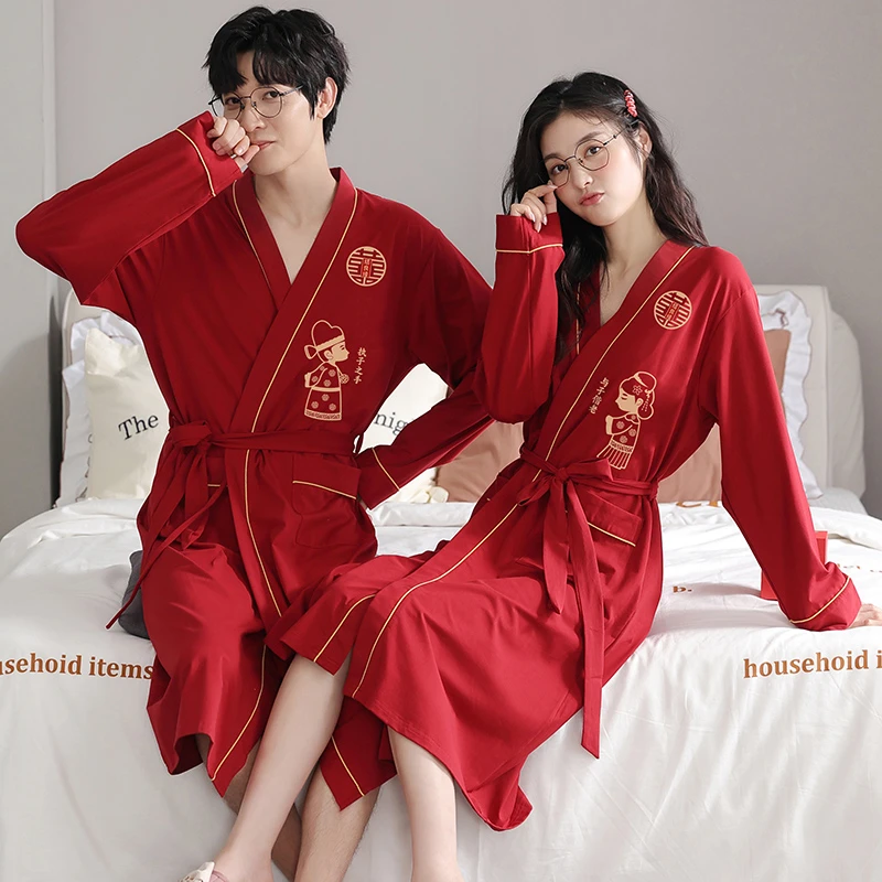 芬腾可安长袖情侣睡衣纯棉本命年喜庆红色高档睡袍男女士晨袍浴袍