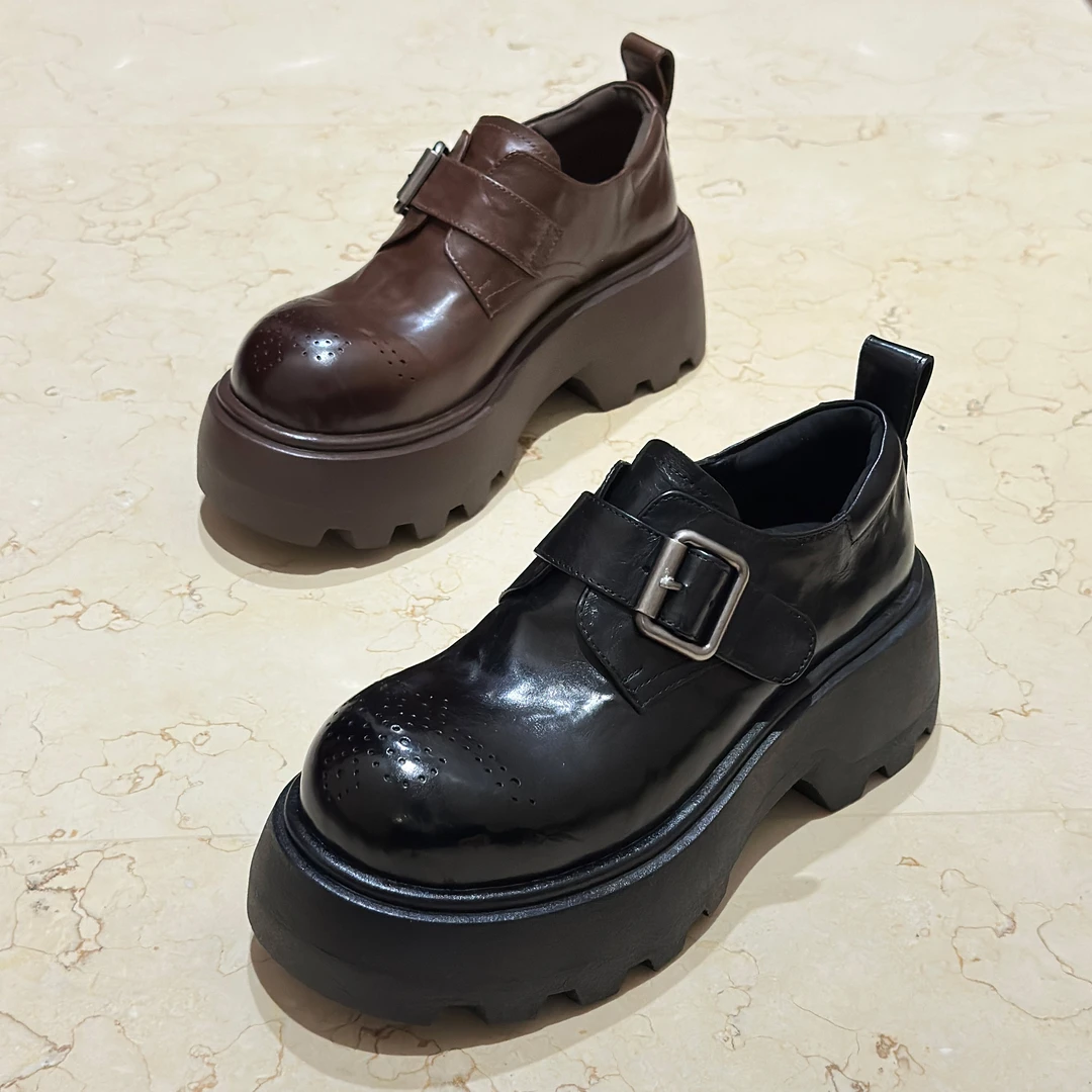 25早春新款复古雕花胎牛皮休闲松糕厚底女单鞋百搭英伦风真皮潮流