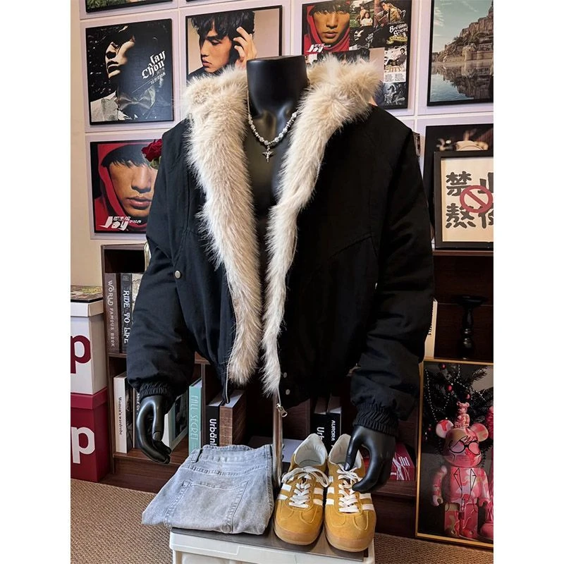 特大码2-300斤美式痞帅毛领连帽棉服男装冬季保暖座山雕棉衣外套