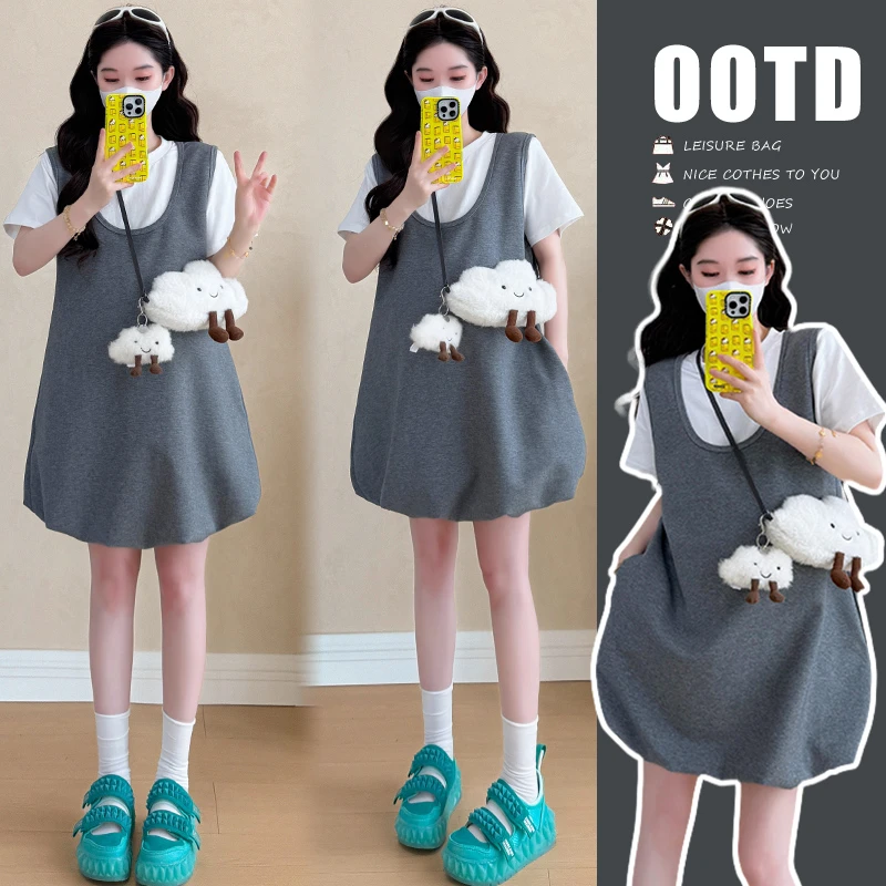 时尚宽松孕妇装夏季新款爆款设计感假两件气质显瘦花苞孕妇连衣裙